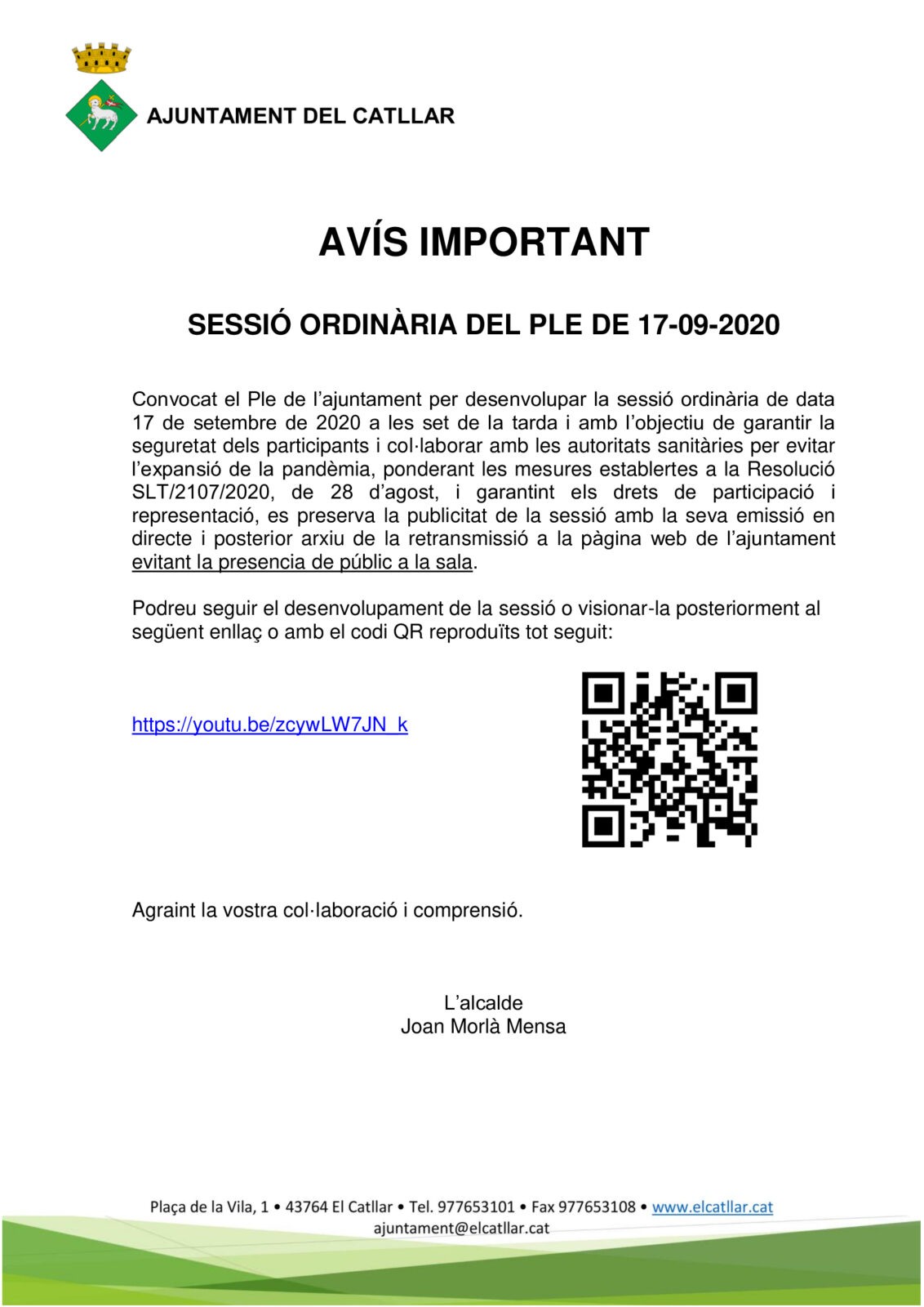 AVÍS IMPORTANT – SESSIÓ ORDINÀRIA DEL PLE DE 17/09/2020