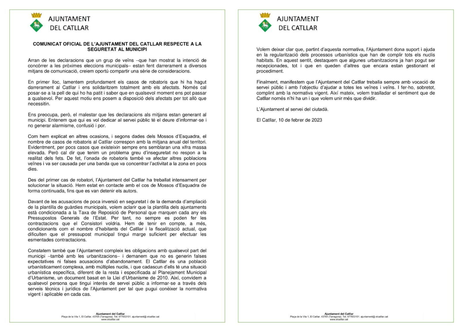 COMUNICAT OFICIAL DE L’AJUNTAMENT DEL CATLLAR RESPECTE A LA SEGURETAT AL MUNICIPI