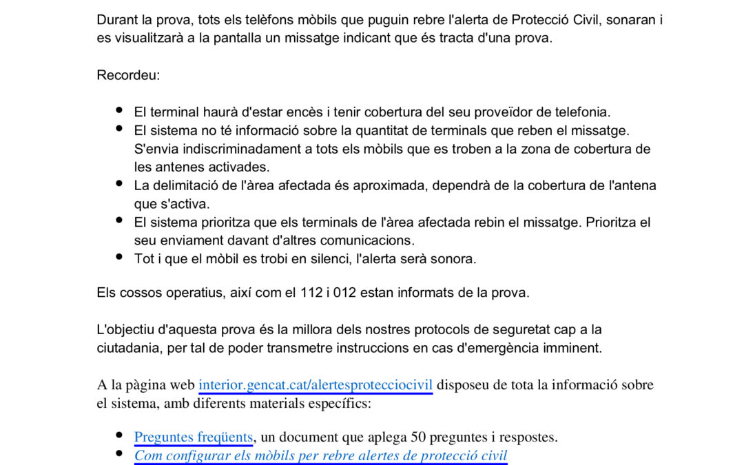 RECUERDA: PRUEBA DE ALERTA DE PROTECCIÓN CIVIL (en el móvil), hoy 12/04/23. 11.00 h
