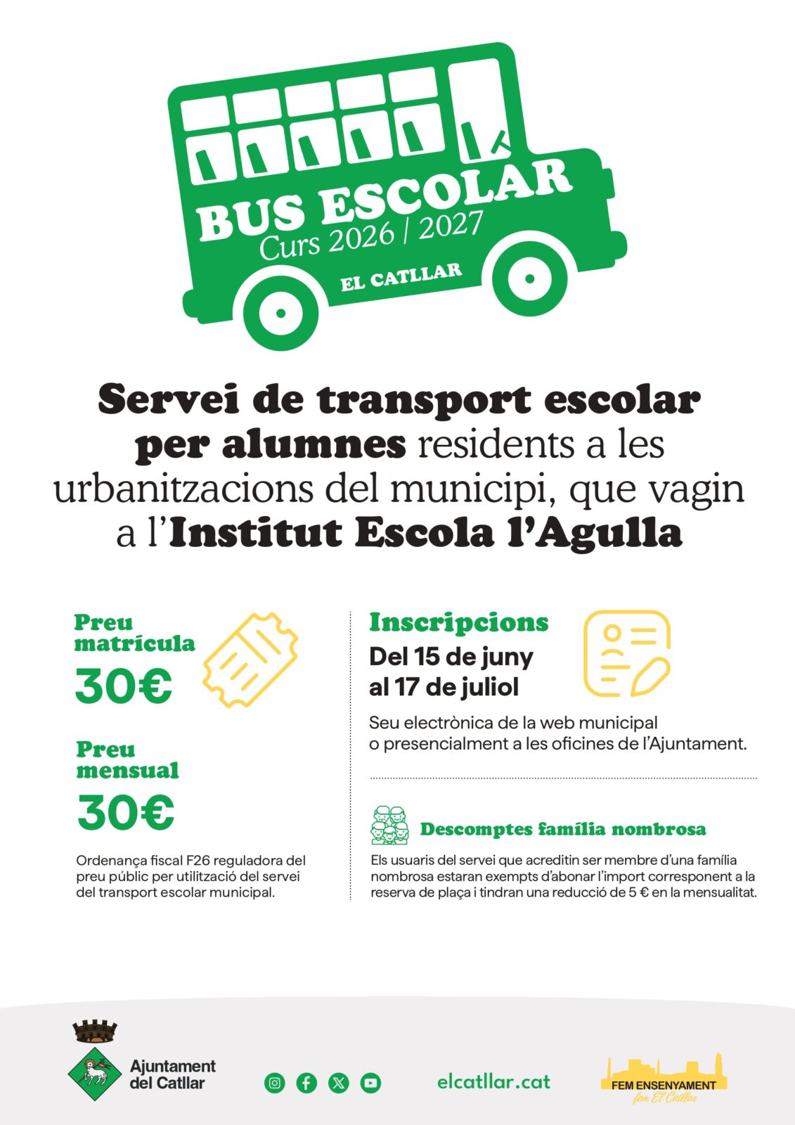 El proper 15 de juny s’obren les inscripcions per al bus escolar curs 2026/2027