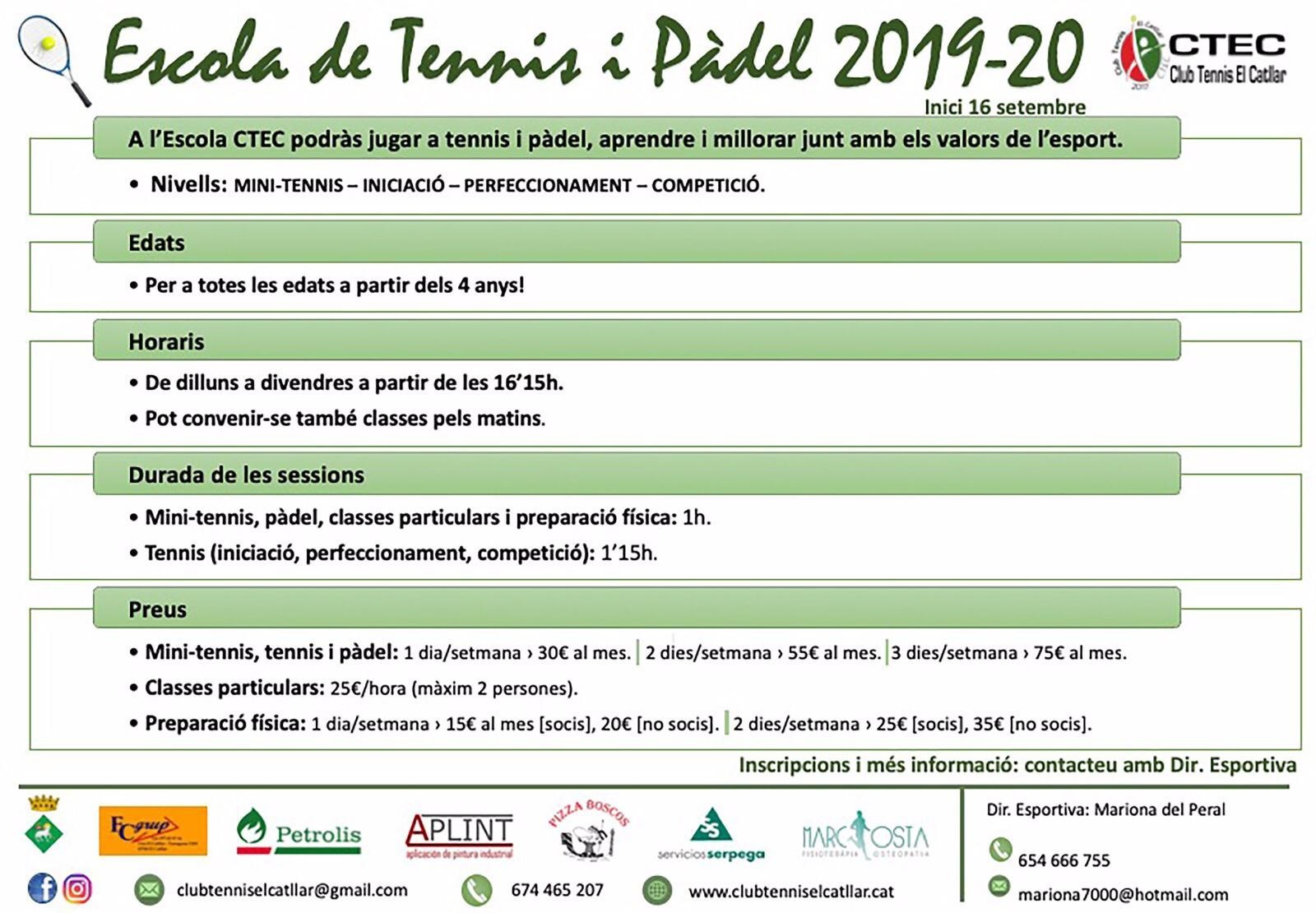 Inscripcions obertes escola de Tennis i Pàdel 2019 – 2020